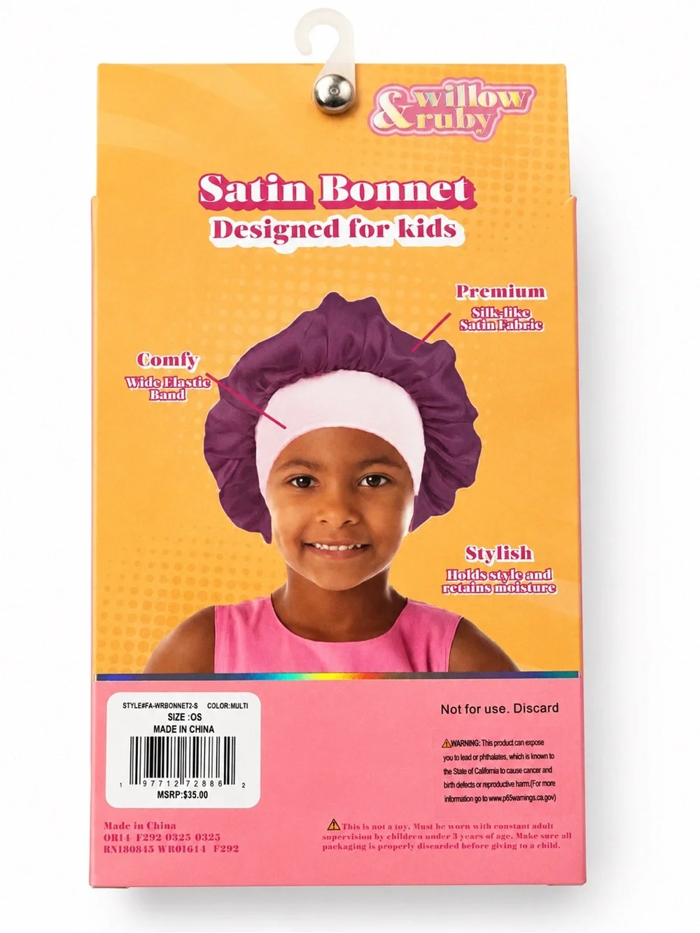 Willow & Ruby Satin Bonnet for Kids - Purple & Pink (2 Pack) Sleep Cap Ages 3-13